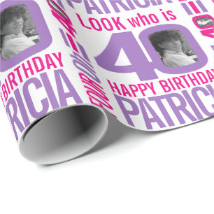 40th birthday pink purple look 40 custom photo wrapping paper