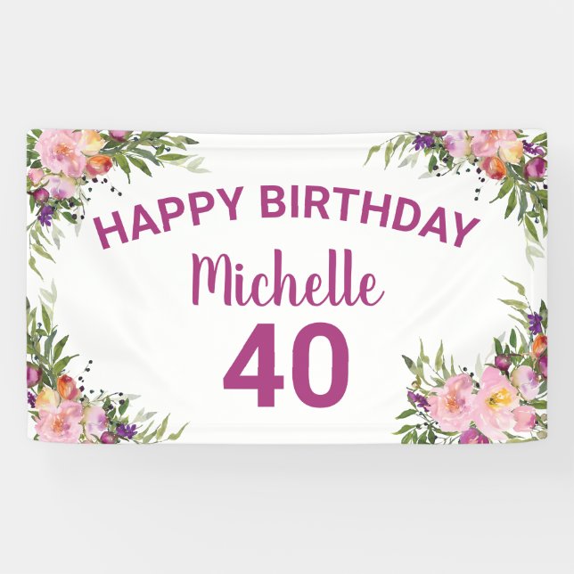 40th Birthday Pink Purple Watercolor Floral Banner (Horizontal)