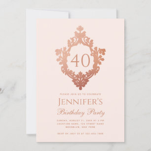 40th Birthday Pink Rose Gold Vintage Crest Script  Invitation