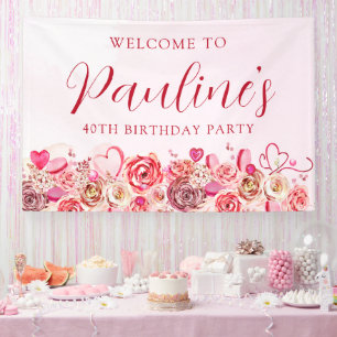40th Birthday Pink Rose Swirly Heart Welcome Banner