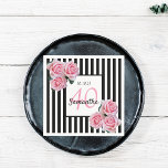 40th birthday pink roses black white stripes napkin<br><div class="desc">A napkin for a 40th birthday party. Classic slim black and white vertical stripes as background. With girly and feminine pink roses as decoration. A white and pink frame on front with template for age, name and date. Age number 40 in pink, name and date in black. The name is...</div>