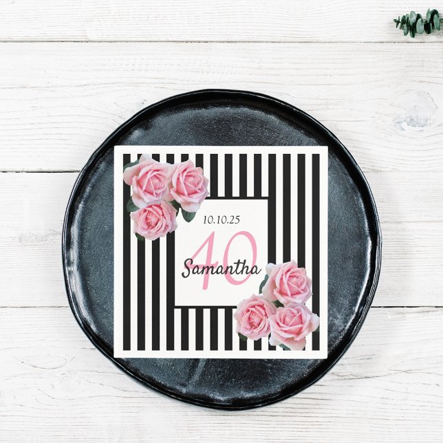 40th birthday pink roses black white stripes napkin (Creator Uploaded)