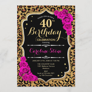 40th Birthday - Pink Roses Leopard Print Invitation