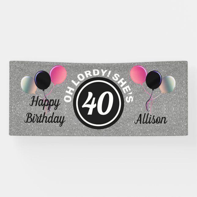 40th Birthday Pink Silver Glitter Personalized Banner (Horizontal)