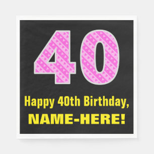 40th Birthday: Pink Stripes and Hearts "40" + Name Napkin