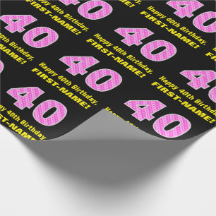 40th Birthday: Pink Stripes and Hearts "40" + Name Wrapping Paper