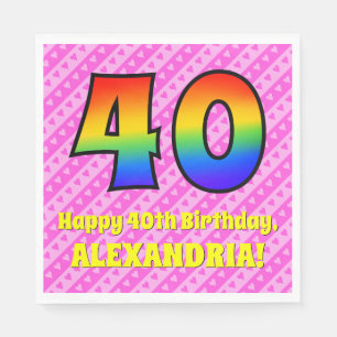 40th Birthday: Pink Stripes & Hearts, Rainbow # 40 Napkin