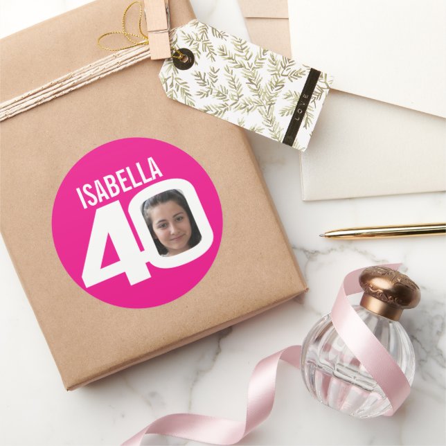 40th birthday pink white custom photo name favour classic round sticker (Gifting)
