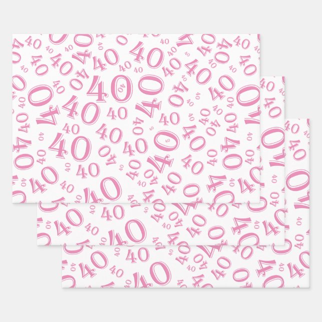 40th Birthday Pink & White Number Pattern 40 Wrapping Paper Sheet (Set)
