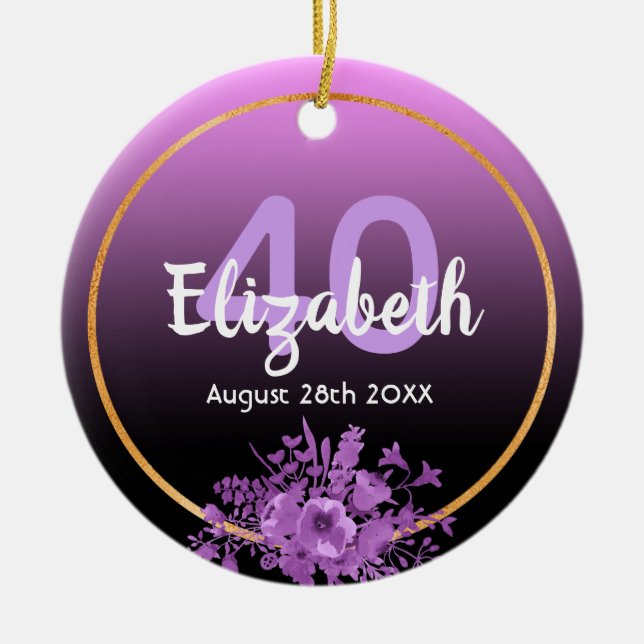 40th birthday purple and black gradient with gold ceramic ornament (Front)