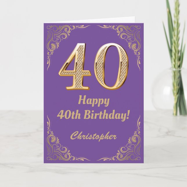 40th Birthday Purple and Gold Glitter Frame Card (Front)