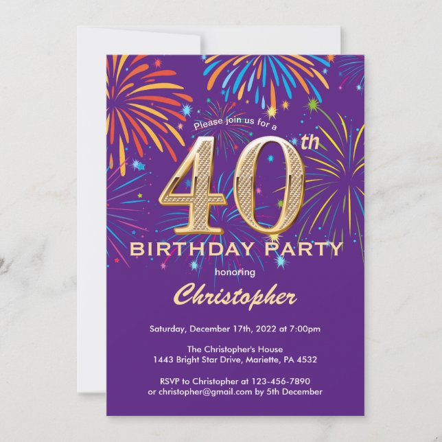 40th Birthday Purple and Gold Rainbow Fireworks Invitation (Front)