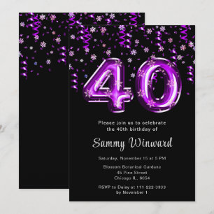 40th Birthday Purple Balloons Snowflake Confetti Invitation