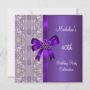 40th Birthday Purple Gold Floral Jewel Bow Invitation