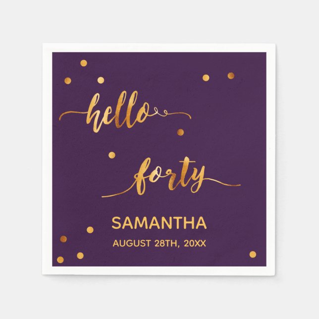 40th birthday purple gold hello 40 name script napkin (Front)