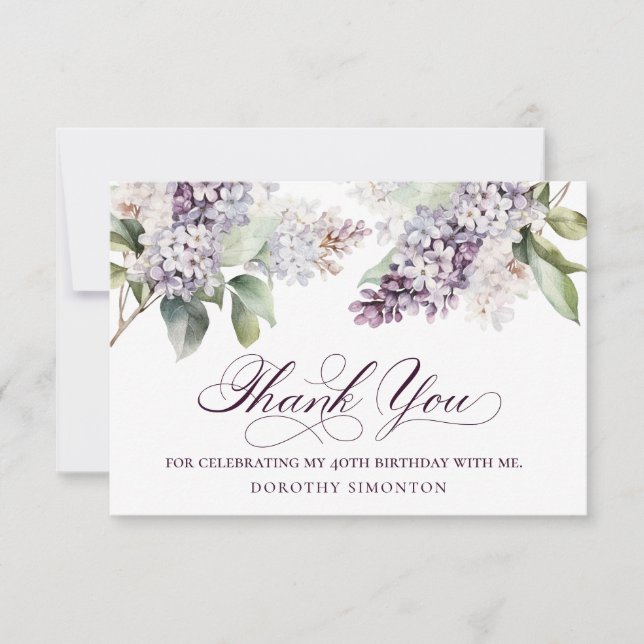 40th Birthday Purple Lilac Spring Flower Thank You Card (Front)