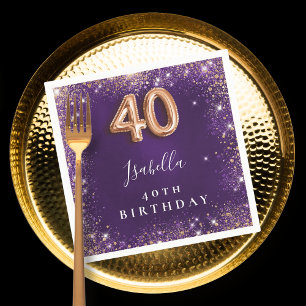 40th birthday purple rose gold sparkles name napkin