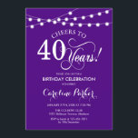 40th Birthday - Purple White Invitation<br><div class="desc">40th Birthday Invitation.
Simple purple and white design with fairy string lights and script font. Cheers to 40 years! Can be personalized into any age! Message me if you need further customization.</div>