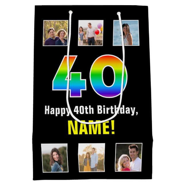 40th Birthday: Rainbow “40“, Custom Photos & Name Medium Gift Bag (Back)