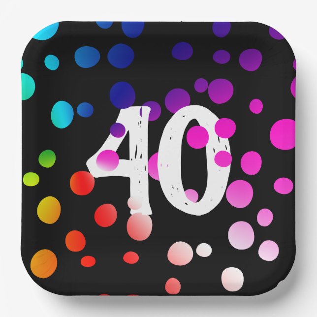 40th Birthday Rainbow Dots on Black Paper Plate (Front)