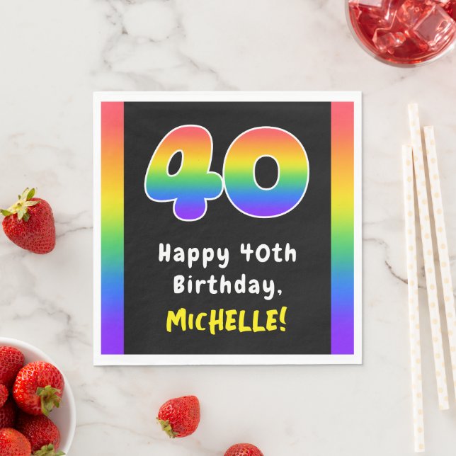40th Birthday: Rainbow Spectrum # 40, Custom Name Napkin (Insitu)