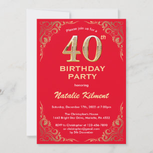 40th Birthday Red and Gold Glitter Frame Invitation