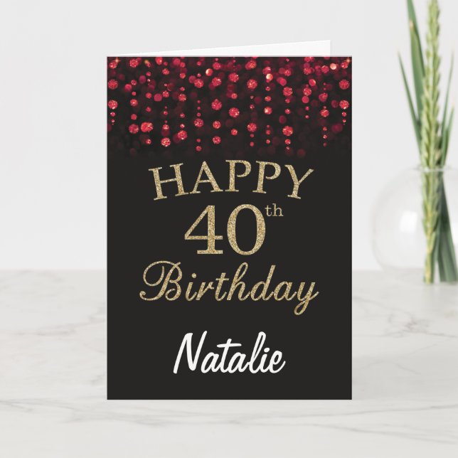 40th Birthday Red Black and Gold Glitter Card (Front)