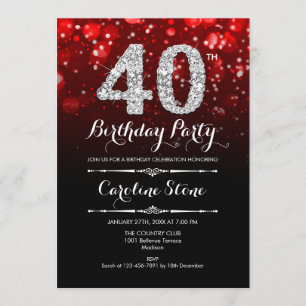 40th Birthday - Red Black Silver Invitation