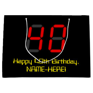 40th Birthday: Red Digital Clock Style "40" + Name Large Gift Bag