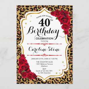 40th Birthday - Red Gold Leopard Print Invitation