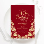 40th Birthday Red Gold Roses Invitation<br><div class="desc">Red gold elegant 40th birthday party invitation. Classy design featuring roses,  faux gold foil and typography script font. Trendy invite card perfect for a stylish female bday celebration. Personalize with your own details. Can be customized to any age. Printed Zazzle invitations or instant download digital printable template.</div>