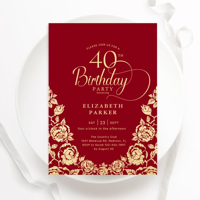 40th Birthday Red Gold Roses Invitation (Creator Uploaded)