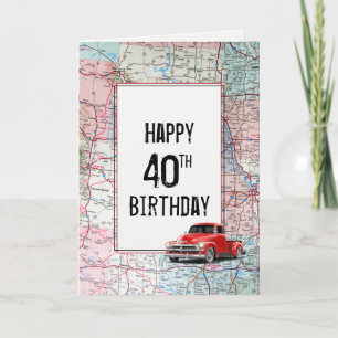40th Birthday Red Retro Truck on Map   Card
