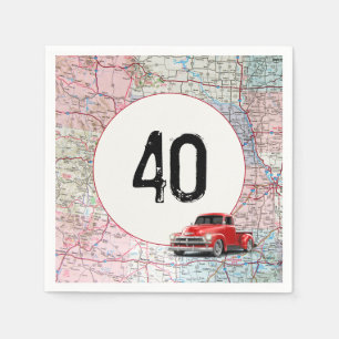 40th Birthday Red Retro Truck on Road Map Napkin