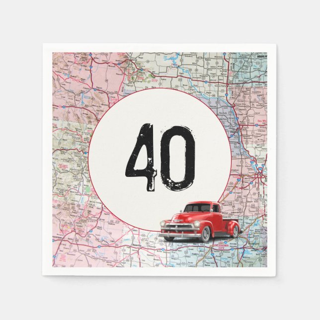 40th Birthday Red Retro Truck on Road Map  Napkin (Front)