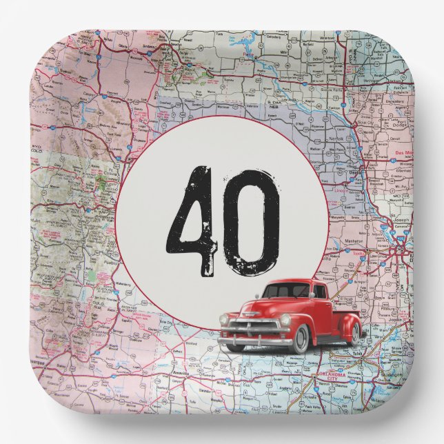 40th Birthday Red Retro Truck on Road Map Paper Plate (Front)
