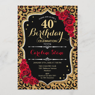 40th Birthday - Red Roses Leopard Print Invitation