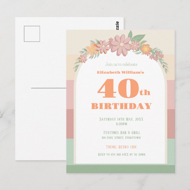 40th birthday retro Invitation Postcard (Front/Back)