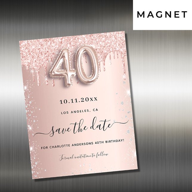 40th birthday rose glitter save the date magnet (Creator Uploaded)
