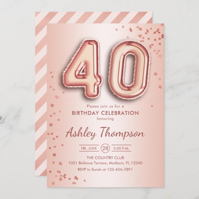 40th Birthday - Rose Gold Balloons Invitation (Front/Back)