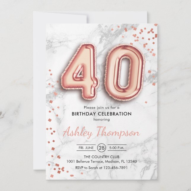 40th Birthday - Rose Gold Balloons Marble Effect Invitation (Front)