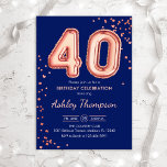 40th Birthday - Rose Gold Balloons Navy Invitation<br><div class="desc">40th birthday party invitation. Elegant design in faux glitter rose gold and navy blue. Invite card features rose gold number 40 balloons and script font. Perfect for a stylish bday celebration. Message me if you need custom age.</div>