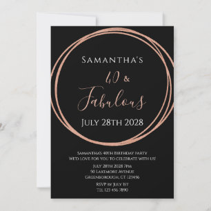40th Birthday Rose Gold Black Birthday Invitation