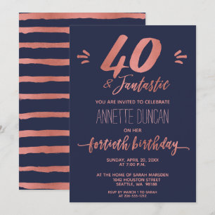 40th Birthday Rose Gold Blue Trendy Party Invitation