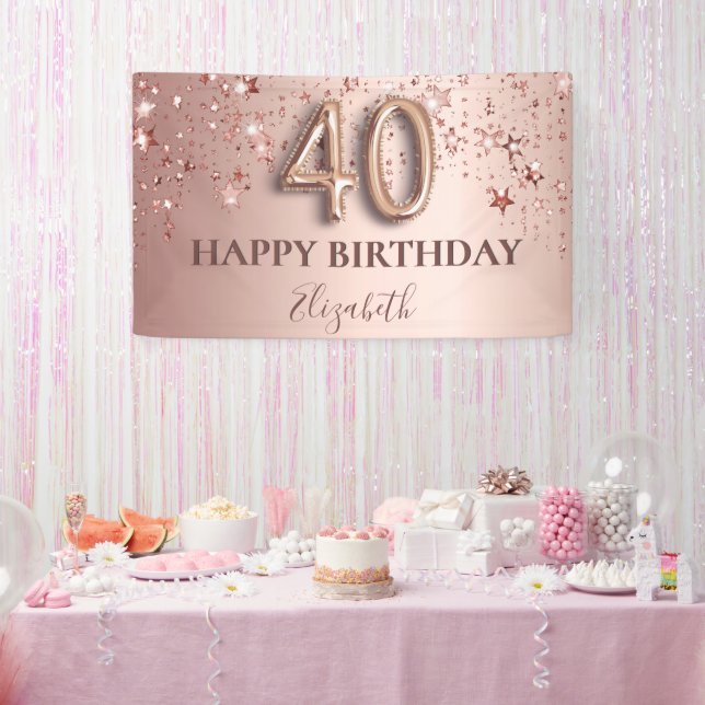 40th birthday rose gold blush stars script banner (Party)