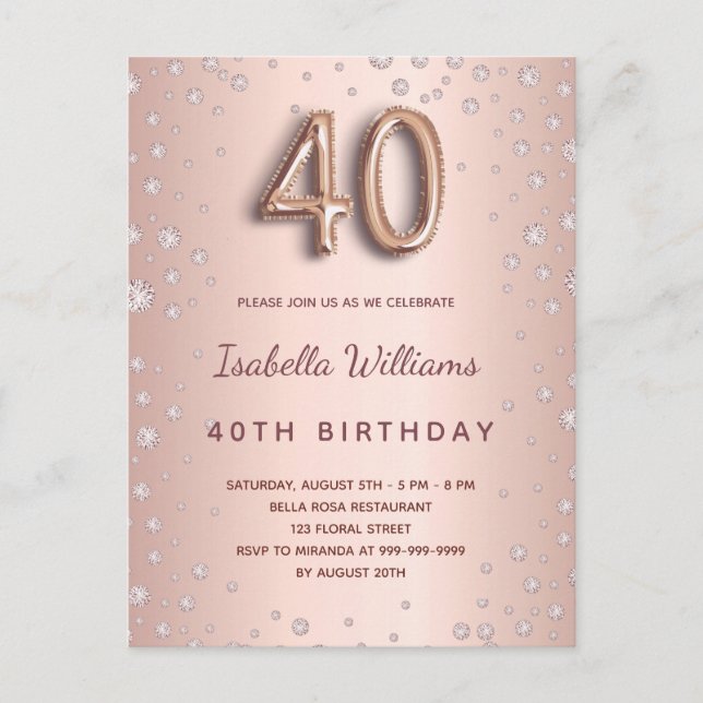 40th birthday rose gold diamons balloon script postcard (Front)