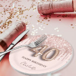 40th birthday rose gold glitter pink balloon style paper plate<br><div class="desc">Elegant, classic, glamorous and girly for a 40th birthday party. Blush pink background. Decorated with rose gold faux glitter drips, paint dripping look. Personalize and add a name. With the text: Happy Birthday. The name is written with a modern dark rose colored hand lettered style script. Number 40 is written...</div>