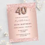 40th birthday rose gold glitter pink invitation postcard<br><div class="desc">A modern, stylish and glamourous invitation for a 40th birthday party. A faux rose gold metallic looking background with an elegant faux rose gold glitter drip, paint drip look. The name is written with a modern dark rose gold coloured hand lettered style script. Personalize and add your party details. Number...</div>