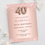 40th birthday rose gold pink drips invitation postcard<br><div class="desc">A modern,  stylish and glamourous invitation for a 40th birthday party.  A rose background with drips,  paint dripping look. The name is written with a modern dark rose gold coloured hand lettered style script.  Personalize and add your party details.  Number 40 is written with a balloon style font,  script.</div>