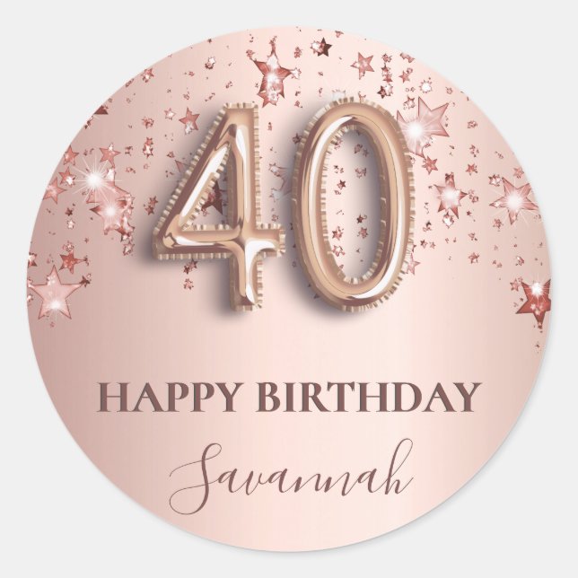 40th birthday rose gold pink stars balloon font classic round sticker (Front)
